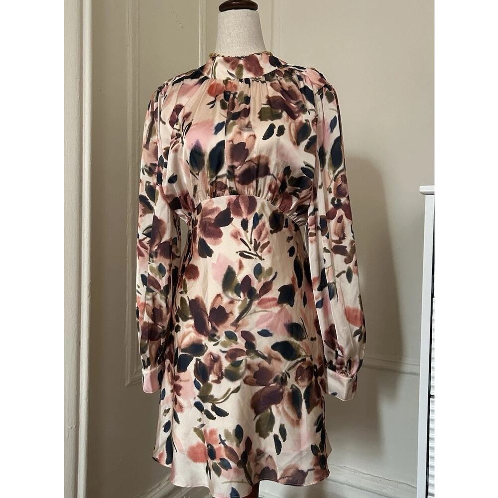 Floral Long-Sleeve Midi Dress in Blush & Taupe